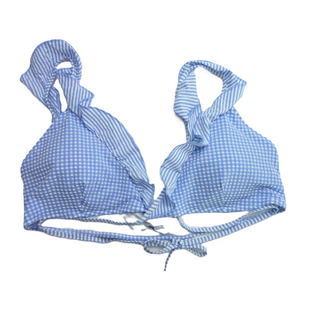 NWOT Aerie Swim Blue Seersucker Ruffle Wrap Bikini Scoop Top Swimsuit XXL